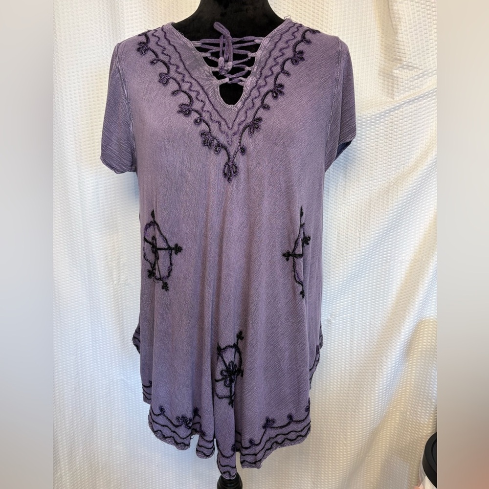 Riviera Sun boho women’s purple tunic blouse short sleeve embroidered details 1X